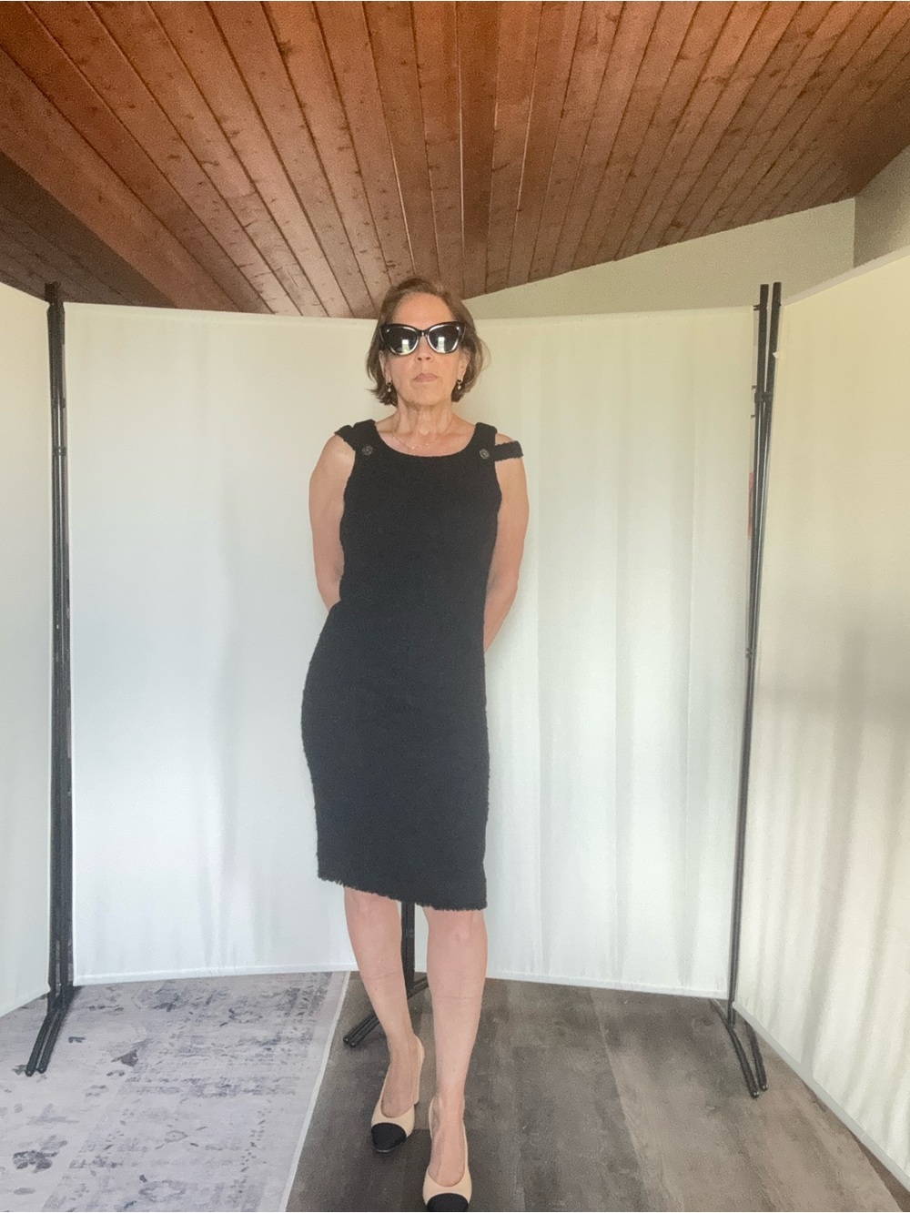 CHANEL Black Sleeveless Tweed Midi Dress